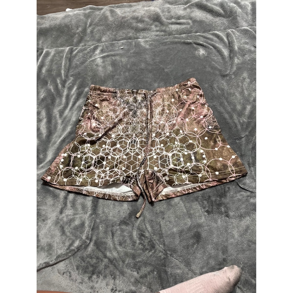 iHeartRaves Sacred Geometry Flower of Life Festival Booty Shorts Brown Pink M